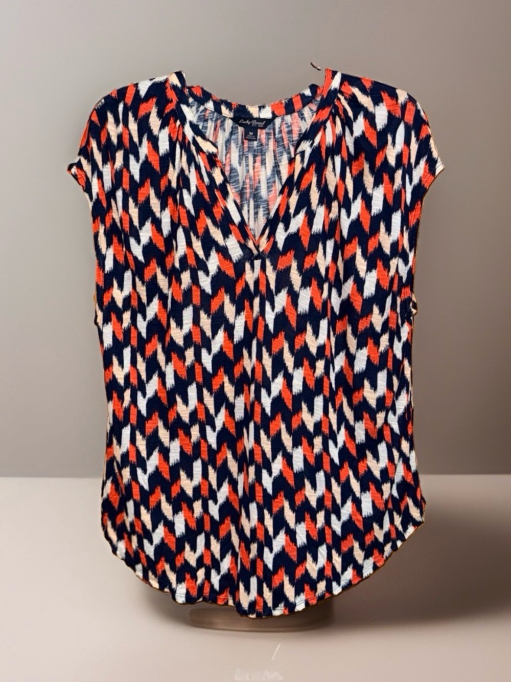 Lucky Brand Navy Orange White Geometric V-Neck Short Sleeve Top-M-EC